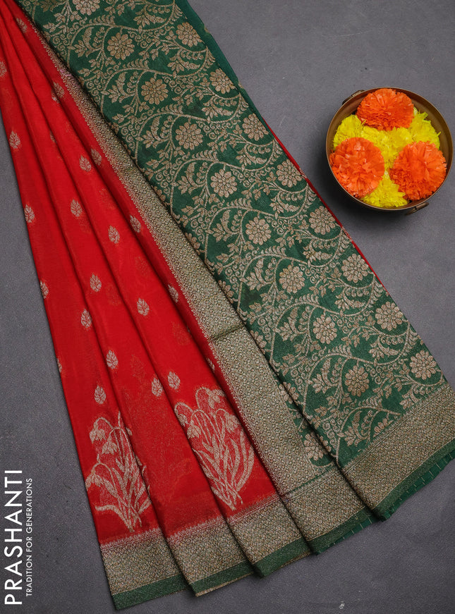Banarasi semi crepe saree red and green with allover thread & zari woven buttas and woven border