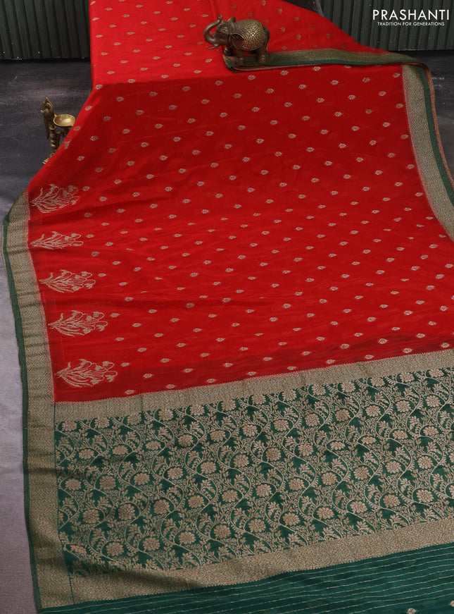 Banarasi semi crepe saree red and green with allover thread & zari woven buttas and woven border