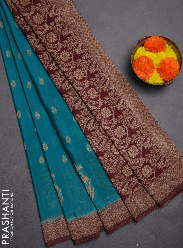 Banarasi semi crepe saree teal green and deep maroon with allover thread & zari woven buttas and woven border