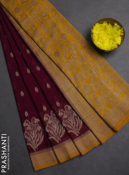 Banarasi semi crepe saree purple and mustard yellow with allover thread & zari woven buttas and woven border