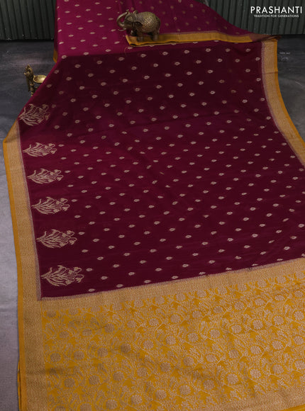 Banarasi semi crepe saree purple and mustard yellow with allover thread & zari woven buttas and woven border