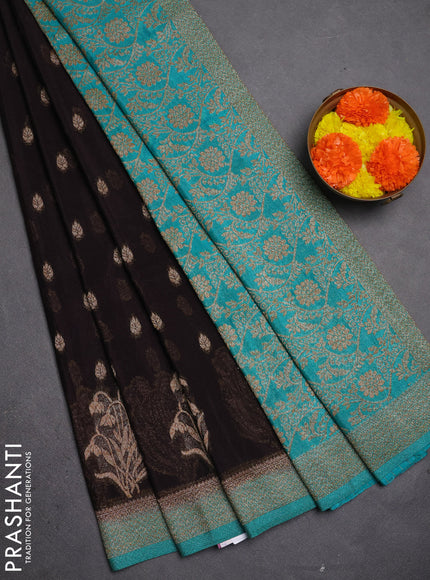 Banarasi semi crepe saree deep coffee brown and teal green with allover thread & zari woven buttas and woven border
