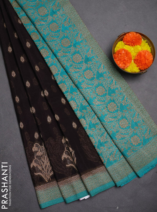 Banarasi semi crepe saree deep coffee brown and teal green with allover thread & zari woven buttas and woven border