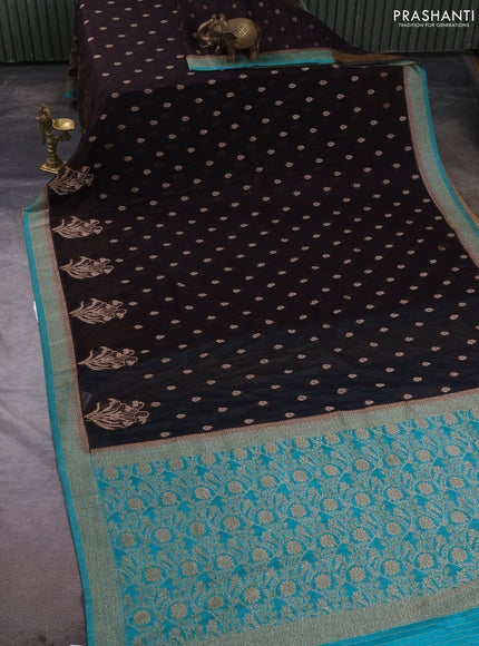 Banarasi semi crepe saree deep coffee brown and teal green with allover thread & zari woven buttas and woven border