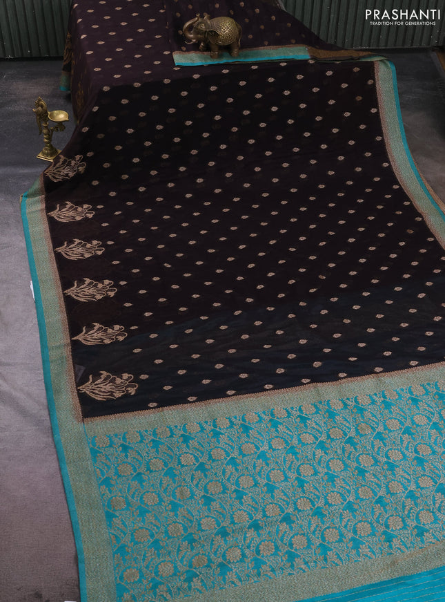 Banarasi semi crepe saree deep coffee brown and teal green with allover thread & zari woven buttas and woven border