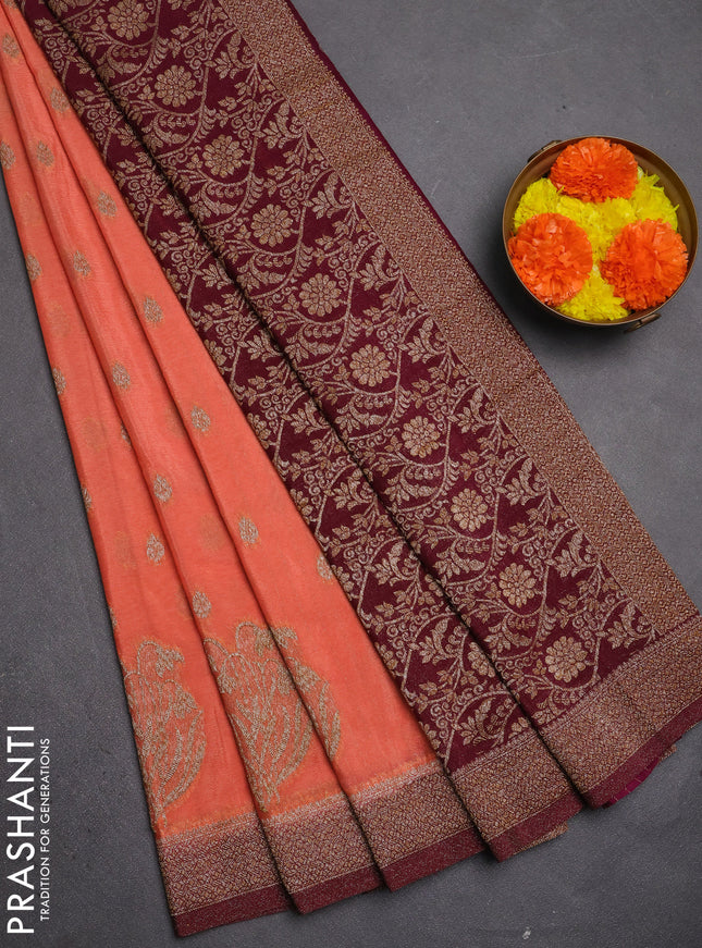 Banarasi semi crepe saree peach shade and wine shade with allover thread & zari woven buttas and woven border