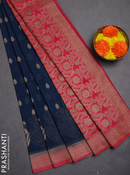 Banarasi semi crepe saree peacock blue and pink with allover thread & zari woven buttas and woven border