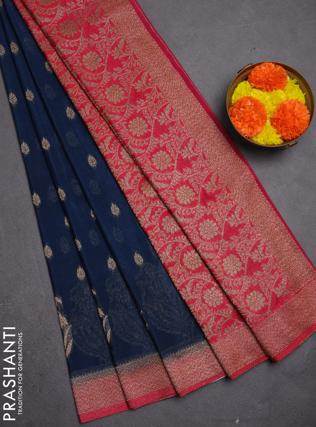Banarasi semi crepe saree peacock blue and pink with allover thread & zari woven buttas and woven border