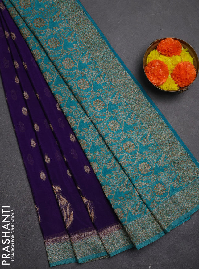 Banarasi semi crepe saree violet and teal green with allover thread & zari woven buttas and woven border