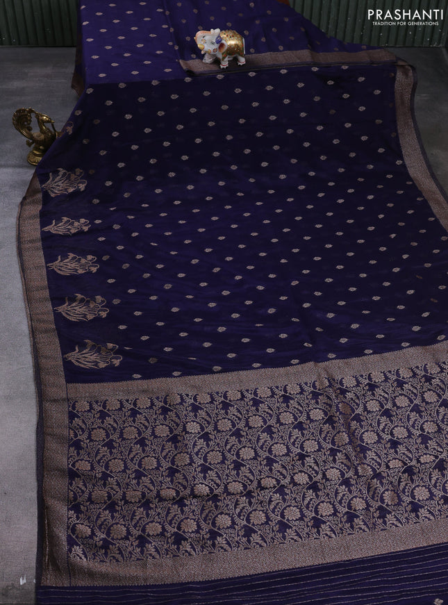 Banarasi semi crepe saree navy blue with allover thread & zari woven buttas and woven border