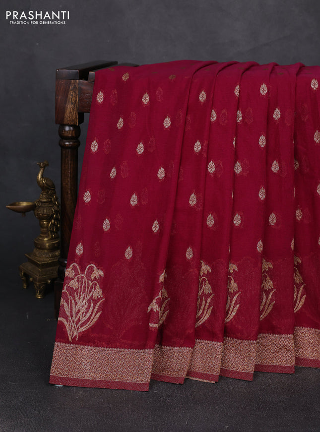 Banarasi semi crepe saree deep wine with allover thread & zari woven buttas and woven border