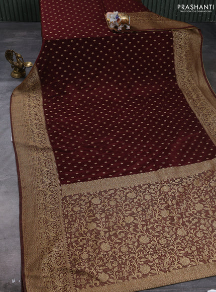 Banarasi semi crepe saree coffee brown with allover thread & zari woven buttas and long woven border