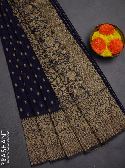 Banarasi semi crepe saree navy blue with allover thread & zari woven buttas and long woven border