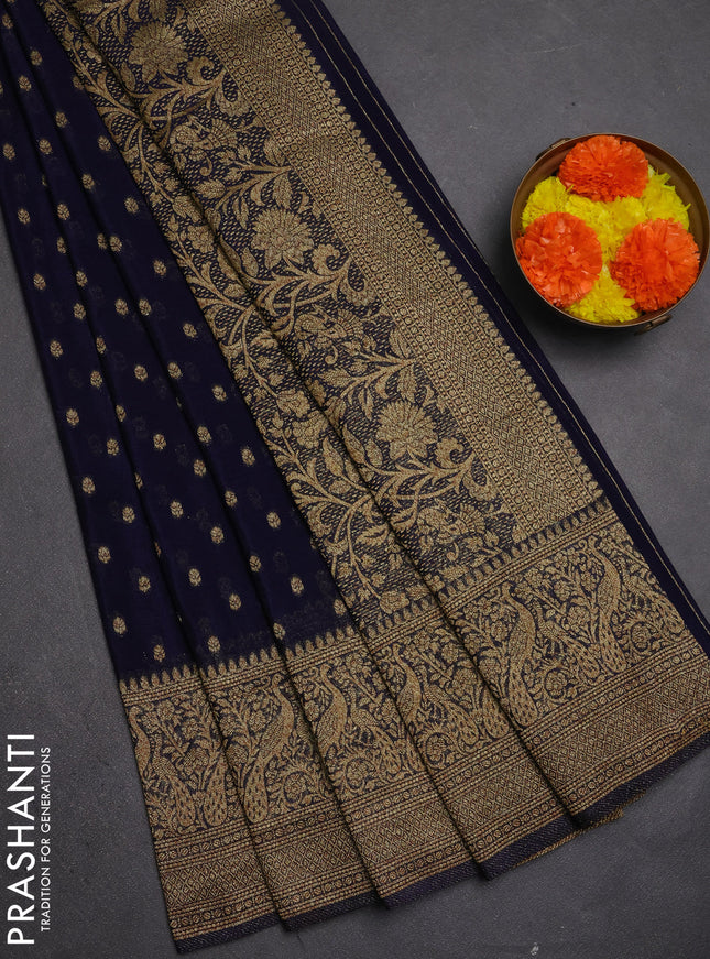 Banarasi semi crepe saree navy blue with allover thread & zari woven buttas and long woven border