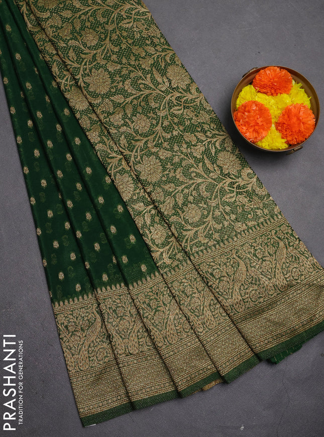 Banarasi semi crepe saree bottle green with allover thread & zari woven buttas and long woven border