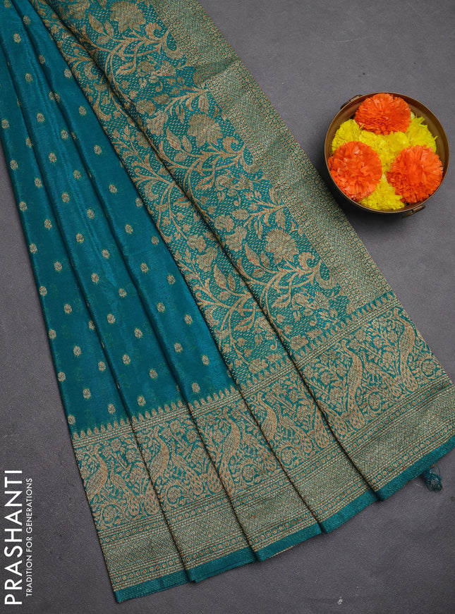 Banarasi semi crepe saree teal green with allover thread & zari woven buttas and long woven border