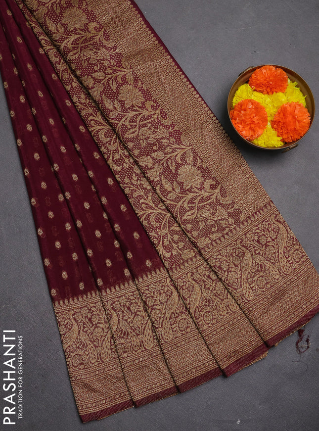 Banarasi semi crepe saree wine shade with allover thread & zari woven buttas and long woven border