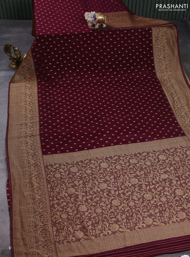 Banarasi semi crepe saree wine shade with allover thread & zari woven buttas and long woven border