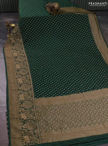 Banarasi semi crepe saree bottle green with allover thread & zari woven buttas and long woven border