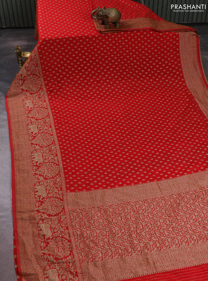 Banarasi semi crepe saree red with allover thread & zari woven buttas and long woven border