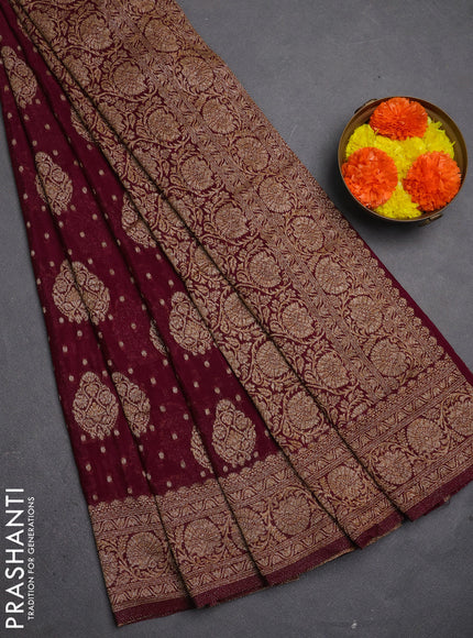 Banarasi semi crepe saree wine shade with allover thread & zari woven buttas and woven border
