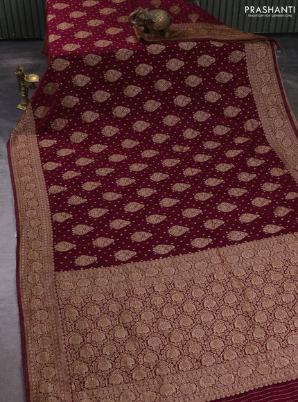 Banarasi semi crepe saree wine shade with allover thread & zari woven buttas and woven border