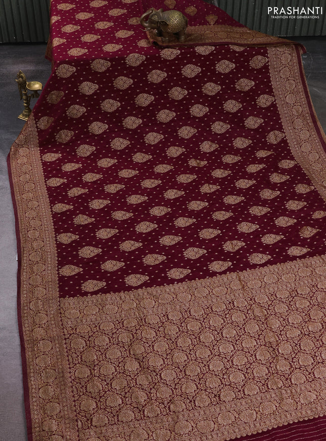 Banarasi semi crepe saree wine shade with allover thread & zari woven buttas and woven border