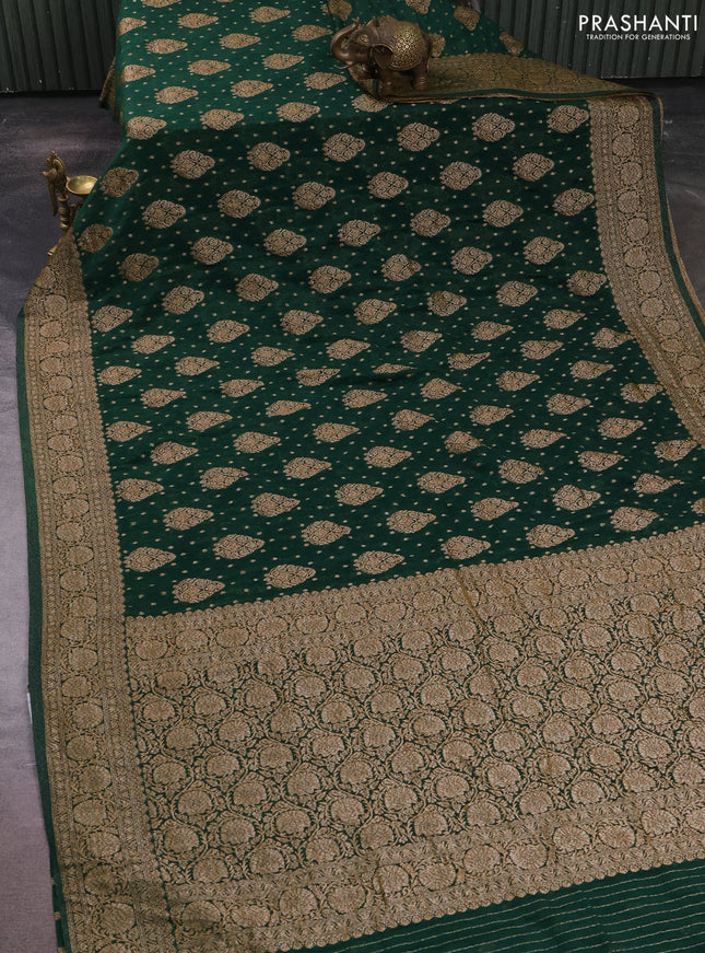Banarasi semi crepe saree bottle green with allover thread & zari woven buttas and woven border