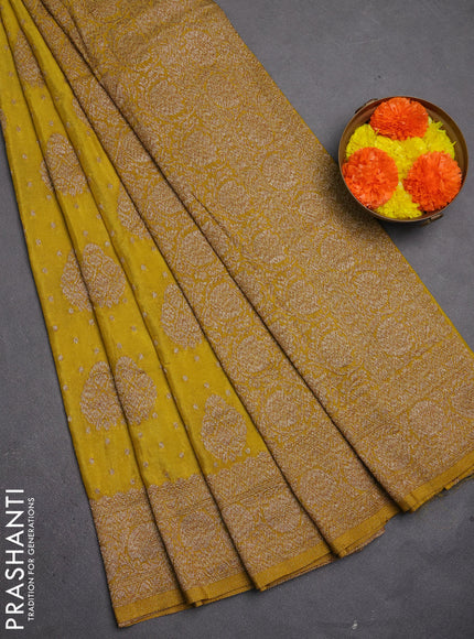 Banarasi semi crepe saree lime yellow with allover thread & zari woven buttas and woven border