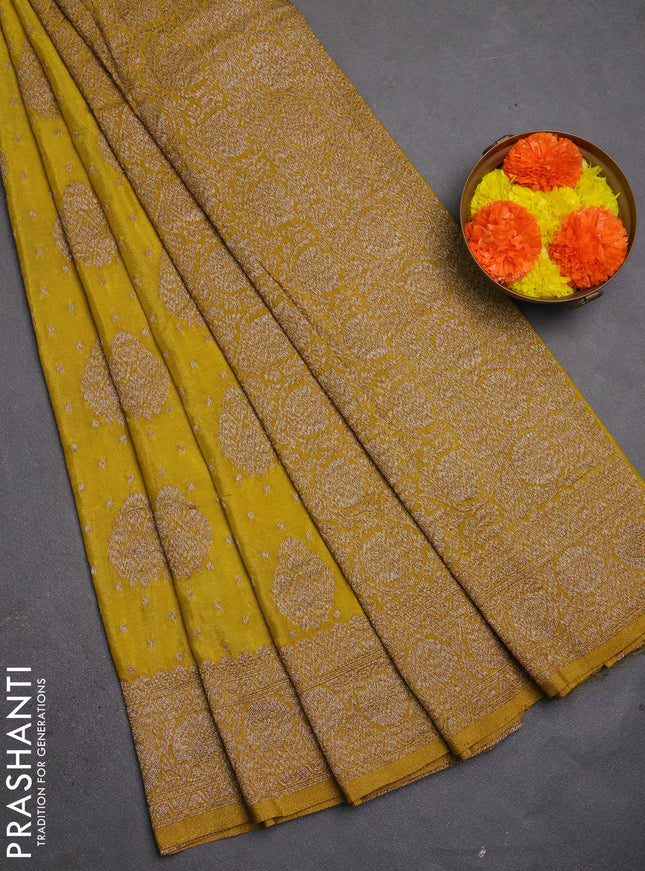 Banarasi semi crepe saree lime yellow with allover thread & zari woven buttas and woven border