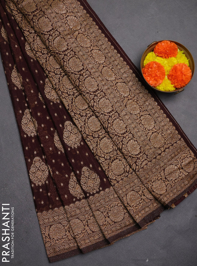 Banarasi semi crepe saree coffee brown with allover thread & zari woven buttas and woven border