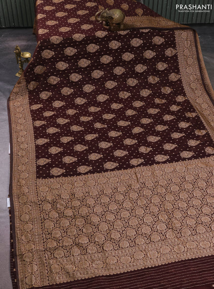 Banarasi semi crepe saree coffee brown with allover thread & zari woven buttas and woven border
