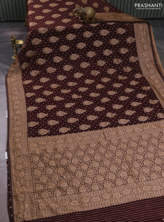 Banarasi semi crepe saree coffee brown with allover thread & zari woven buttas and woven border