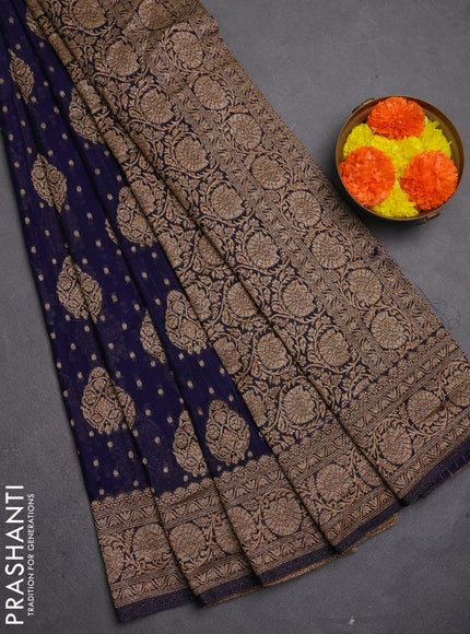 Banarasi semi crepe saree navy blue with allover thread & zari woven buttas and woven border