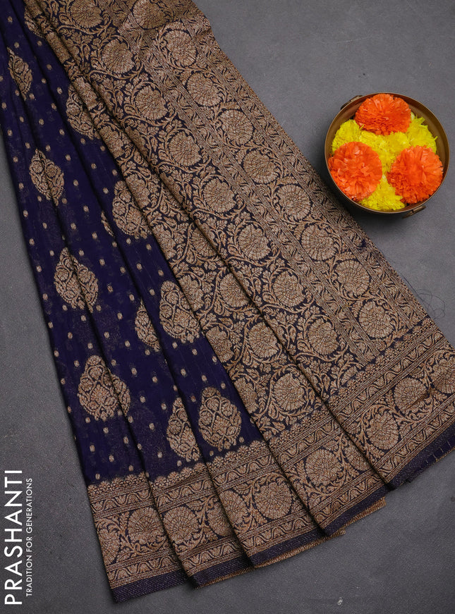 Banarasi semi crepe saree navy blue with allover thread & zari woven buttas and woven border