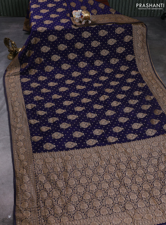 Banarasi semi crepe saree navy blue with allover thread & zari woven buttas and woven border