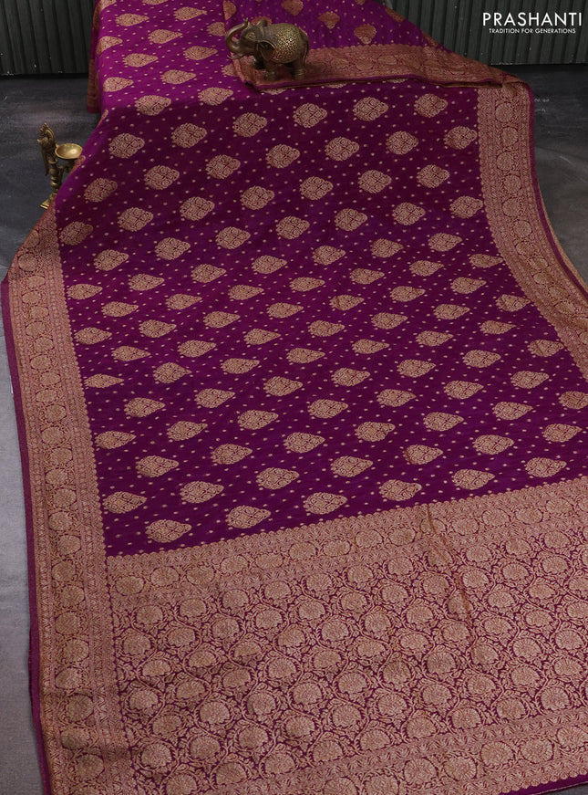 Banarasi semi crepe saree purple with allover thread & zari woven buttas and woven border