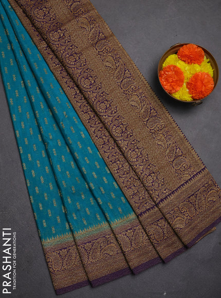 Banarasi semi crepe saree teal green and violet with allover thread & zari woven buttas and woven border
