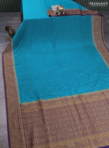 Banarasi semi crepe saree teal green and violet with allover thread & zari woven buttas and woven border