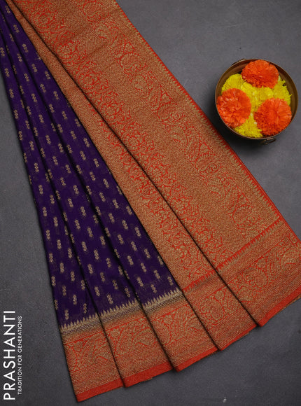 Banarasi semi crepe saree violet and orange with allover thread & zari woven buttas and woven border