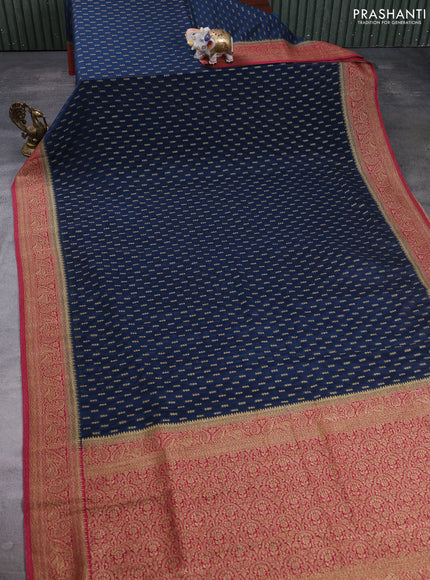 Banarasi semi crepe saree dark peacock blue and pink with allover thread & zari woven buttas and woven border