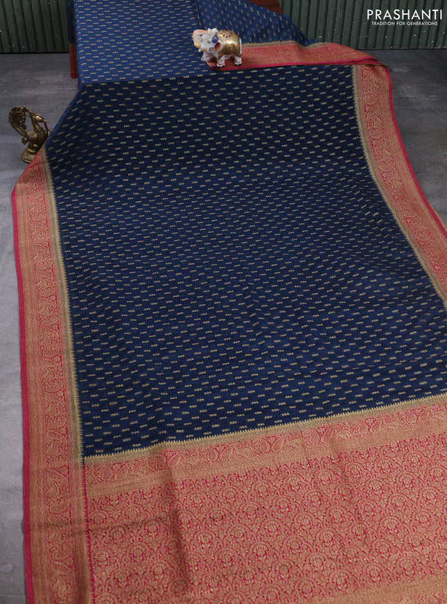 Banarasi semi crepe saree dark peacock blue and pink with allover thread & zari woven buttas and woven border