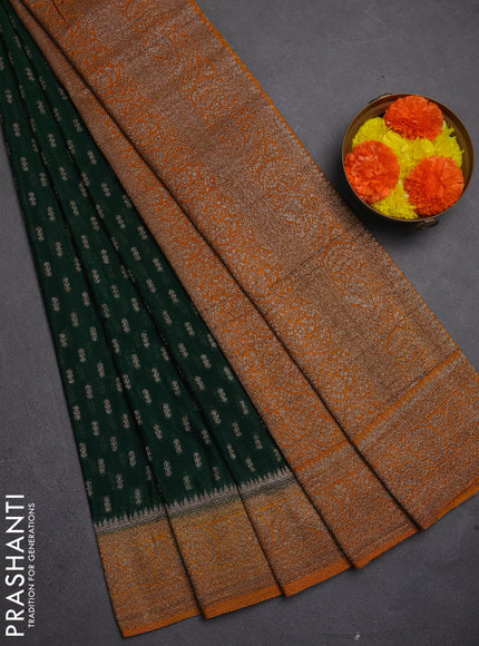 Banarasi semi crepe saree bottle green and mustard yellow with allover thread & zari woven buttas and woven border