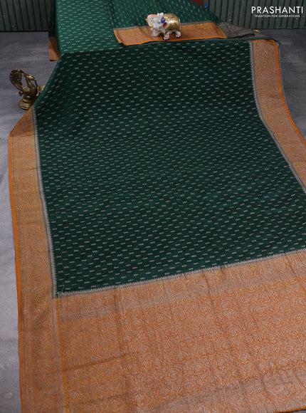 Banarasi semi crepe saree bottle green and mustard yellow with allover thread & zari woven buttas and woven border