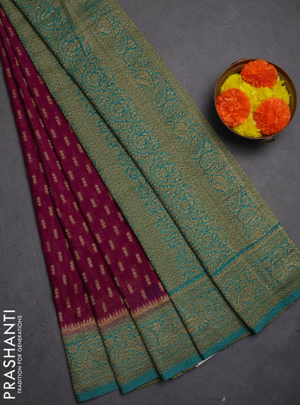 Banarasi semi crepe saree purple and teal green with allover thread & zari woven buttas and woven border