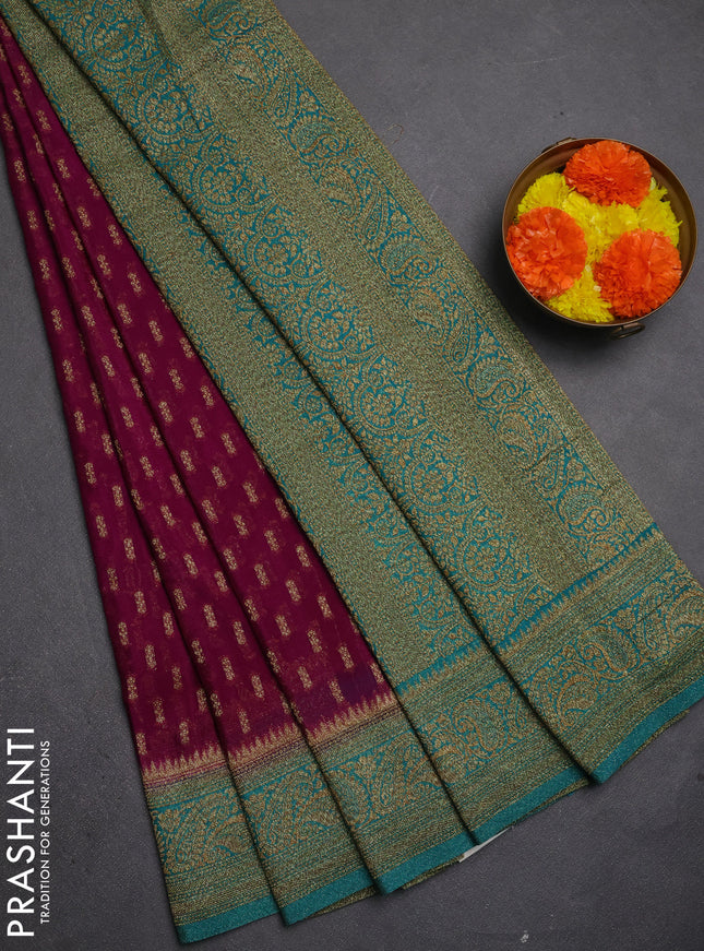 Banarasi semi crepe saree purple and teal green with allover thread & zari woven buttas and woven border