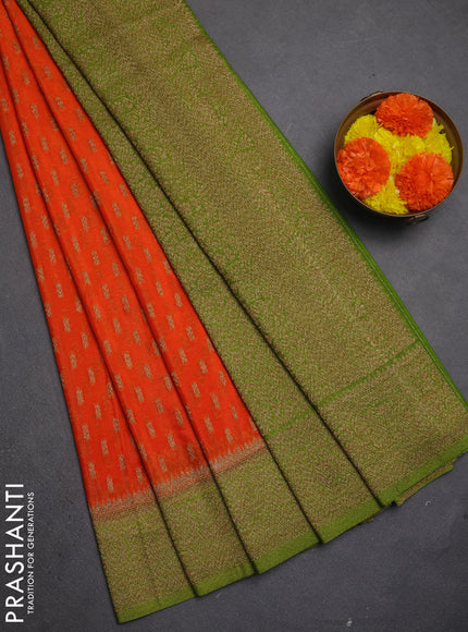 Banarasi semi crepe saree orange and light green with allover thread & zari woven buttas and woven border