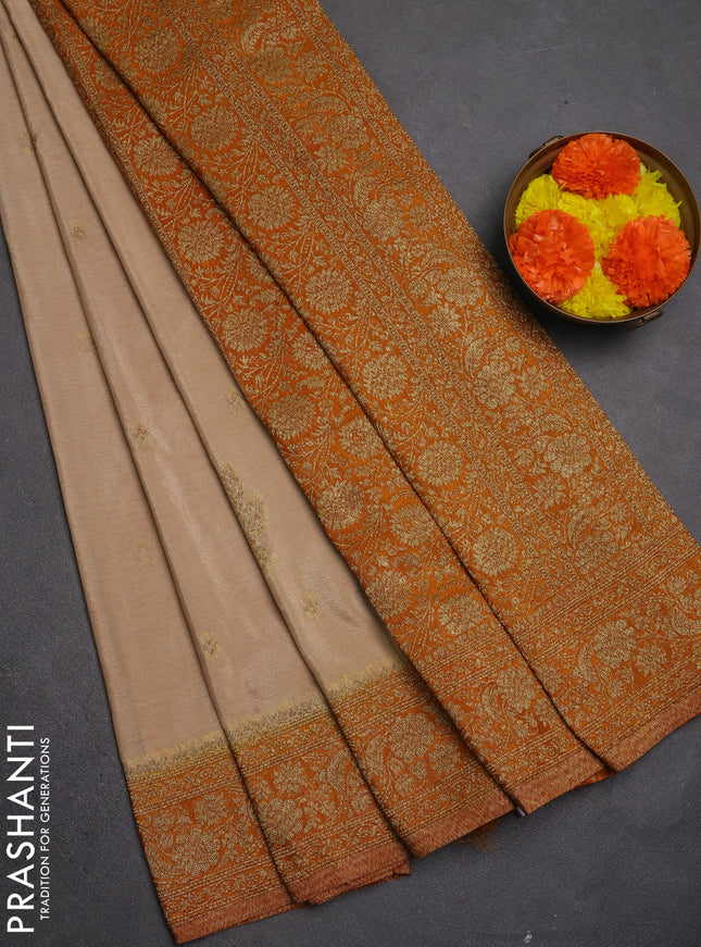 Banarasi semi crepe saree beige and dark mustard with allover thread & zari woven buttas and woven border