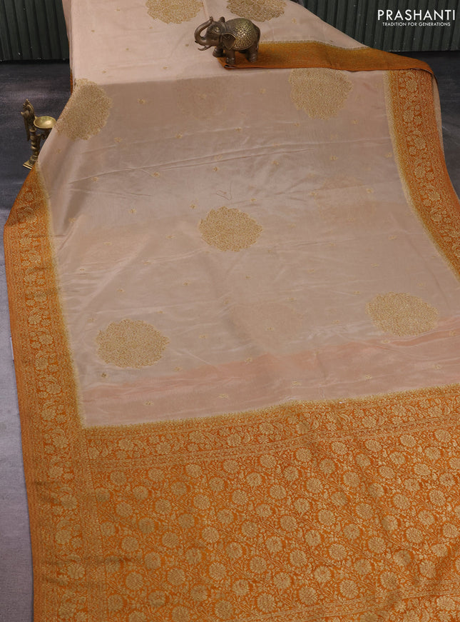 Banarasi semi crepe saree beige and dark mustard with allover thread & zari woven buttas and woven border