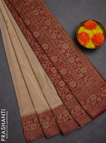 Banarasi semi crepe saree beige and maroon with allover thread & zari woven buttas and woven border